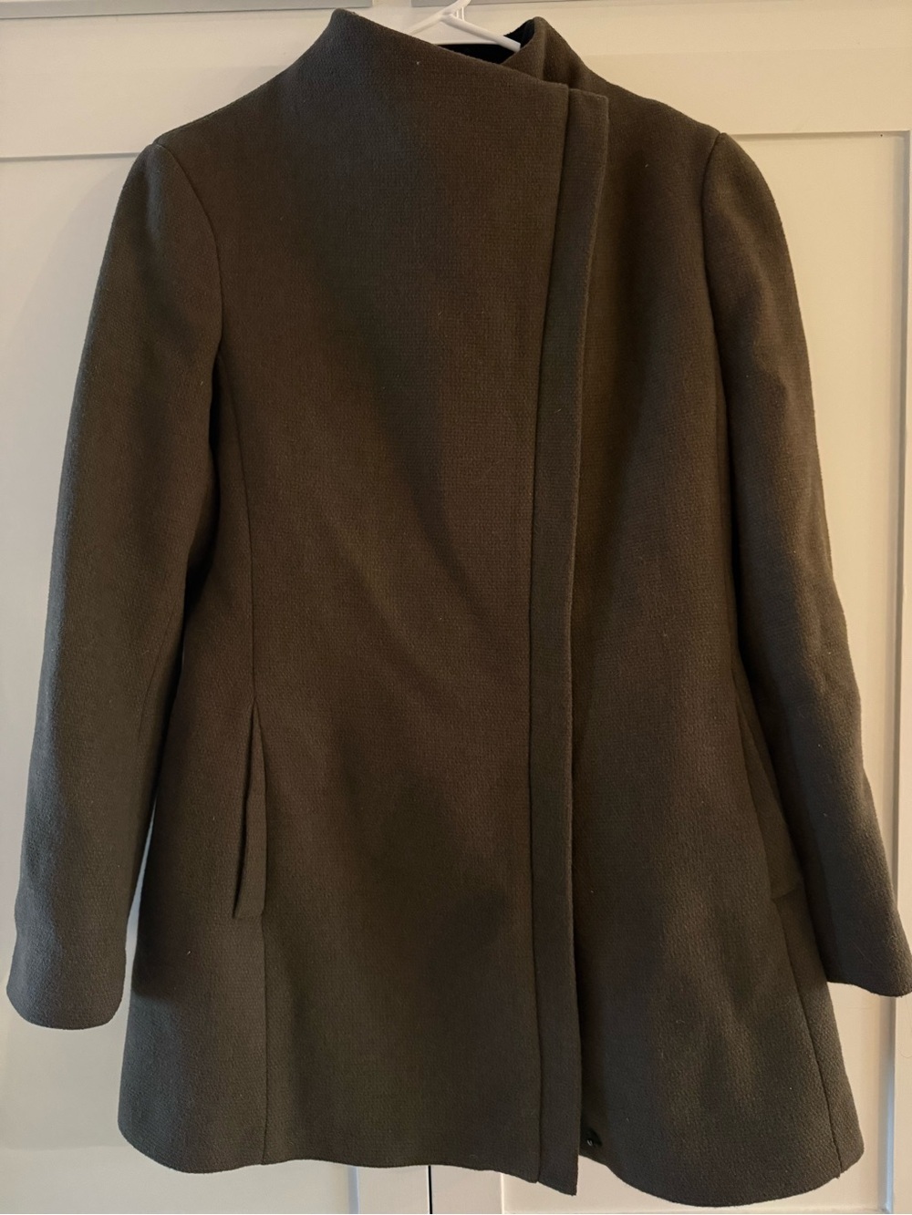 Calvin Klein Wool Blend Asymmetrical Zip Funnel Neck Coat Jacket Size 10 Neutral